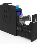 Quick Draw Concealed Handgun Safe With Smooth Slider Design And Hidden Fingerprint Lock For Nightstand Or Wall Mounting Featuring Lightning Fast One Second Unlock Plus No Sweat Pin Code Setup with gun inside.