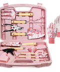 Open 12-Piece Pink Yard Tool Set For Women And Men With Durable Carrying Case Rust-Resistant And Heavy-Duty Tools arranged neatly