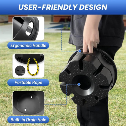 User holding 6 Inch Trailer Jack Block with carry bag for RV and travel trailers, showing ergonomic handle and built-in drain hole