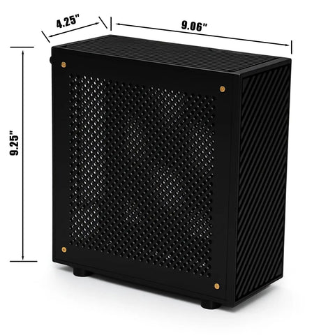 Front view of Mini CNC Aluminum ITX PC Case For Low Profile GPUs Quiet High Airflow Durable Aluminum Alloy Frame Compact Workstation Chassis