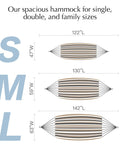 Size comparison of Outdoor Double Hammock For Patio And Garden, showing small, medium, and large dimensions in striped fabric.