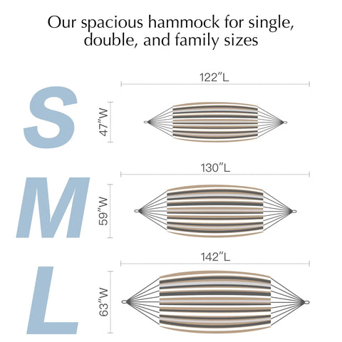 Size comparison of Outdoor Double Hammock For Patio And Garden, showing small, medium, and large dimensions in striped fabric.