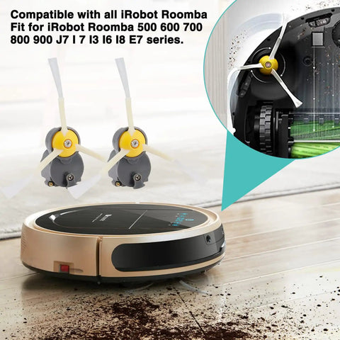 Replacement Side Brush Motor Module Kit With Side Brush And Screwdriver For Roomba 500 600 700 800 900 Series And i3 i7 e5 e6 e7 Models Keeps Hair And Debris Out Of The Motor Easy Drop In Replacement shown with Roomba vacuum.