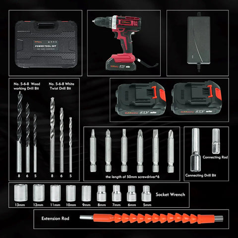 21V Cordless Drill Set With Dual Batteries And Charger, 25 Plus 3 Torque, 2 Speed, 315 In Lb Impact Drill Kit, 23 Piece