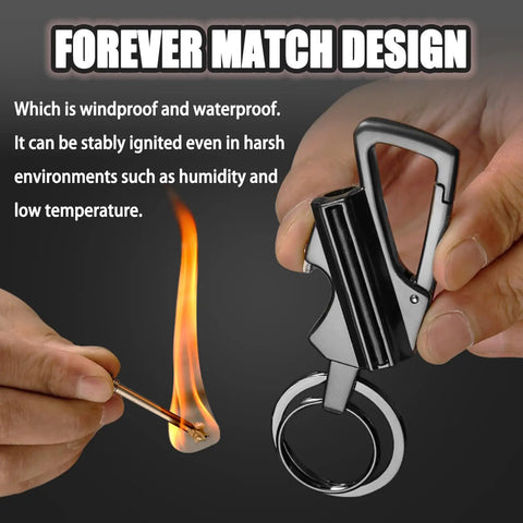 Infinity Lighter Keychain With Multi Tool Bottle Opener Windproof Waterproof Forever Match For Outdoor Survival Go To Camping Gear EDC Fire Starter Great Gift Idea In Black Gold Silver held by hands, flame lit.