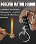 Infinity Lighter With Multitool Keychain And Bottle Opener For Camping And Outdoors held in hand, flame visible.