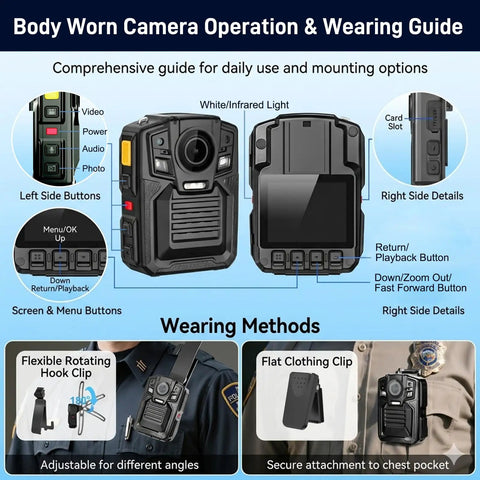 Body camera operation guide showing buttons, features, and wearing methods for 4K Body Camera With Gps And Night Vision For Police Usa.