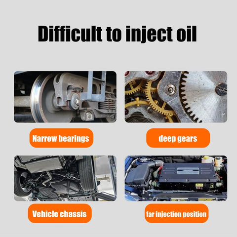 Difficult injection points: narrow bearings, deep gears, vehicle chassis, engine bay. Use 50cm Grease Fitting Extension Hose And Rigid Rod Kit.