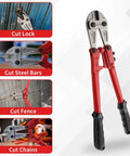 14 Inch Beefy Heavy Duty Bolt Cutter With CRV Steel Blades And Ergonomic Comfort Grip shown cutting lock, bars, fence, and chains