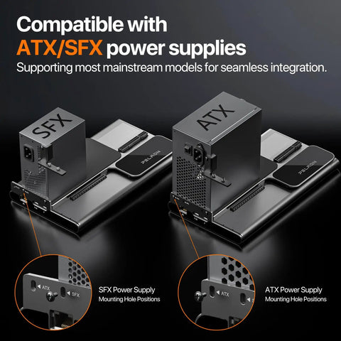 Upgrade Your Daily Driver Into A Total Beast With This Slick Egpu Dock Featuring Dual Thunderbolt 5 Ports, Native PCIe 4.0 X4 Expansion, Robust 140W PD Power Delivery, And Insanely Quick SD 4.0 Card Access. Image showing SFX and ATX power supply compatibility with mounting holes.