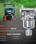 KT735 KT740 Carburetor Kit for 7000 Series Engines with fuel pump and filters visible next to a lawn mower