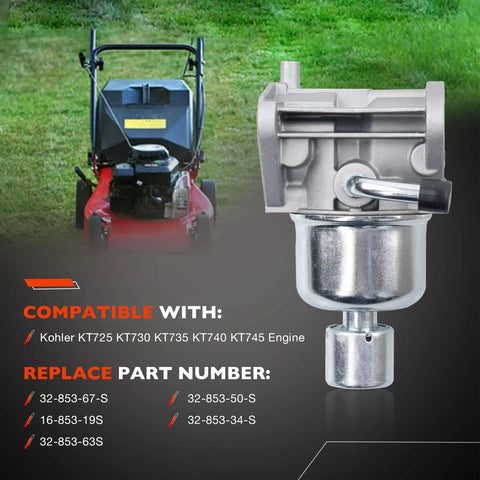 KT735 KT740 Carburetor Kit for 7000 Series Engines with fuel pump and filters visible next to a lawn mower