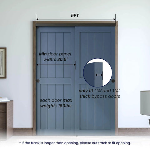 Ceiling Mount Bypass Sliding Door Hardware Kit For Cabinets And Closets, 60 Inch Long, Double Pocket Doors installed view