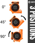 Heavy Duty Industrial Air Mover Carpet Dryer And Stackable Floor Blower With Three Speed Settings And Badass One Horsepower Motor with adjustable angles 0°, 45°, and 90°.