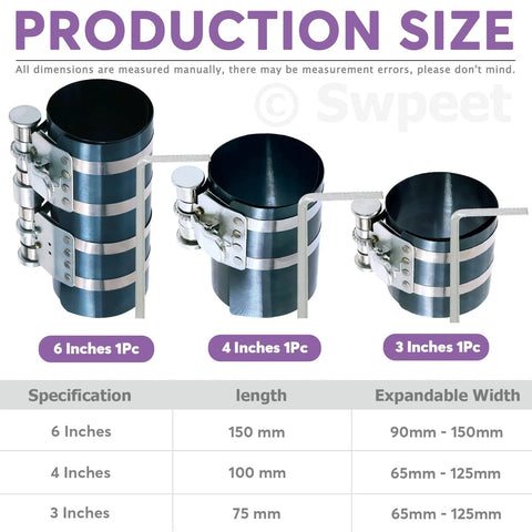 Swpeet piston ring compressor set in three sizes: 3, 4, 6 inches, with adjustable installation pliers and feeler gauge
