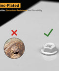 Comparison of rusty screw against Built Tough Self Tapping Gutter Screw with white painted hex head and zinc plating.