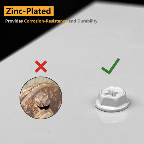 Comparison of rusty screw against Built Tough Self Tapping Gutter Screw with white painted hex head and zinc plating.