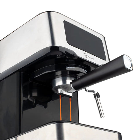 No Drama Home Bar Setup With This Compact Touchscreen Espresso Machine showcasing stainless steel and black design.