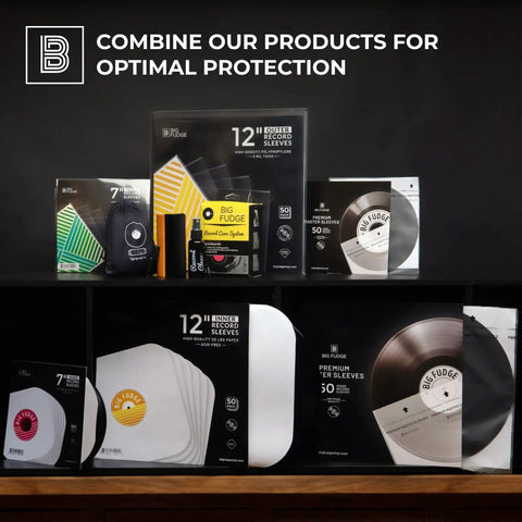 Clear 50 Pack 7 Inch Vinyl Record Outer Sleeves 3 Mil Thick Wrinkle Free Polypropylene Ultra Transparent Covers displayed with other record sleeves and accessories for vinyl protection.