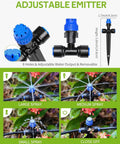 Adjustable emitter of 59Ft Drip Irrigation Kit For Plants With New Quick Connect And Blank Distribution Tubing on soil with water spray patterns