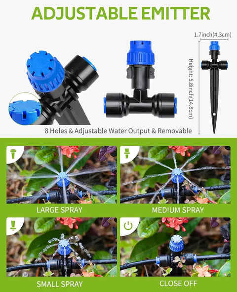 Adjustable emitter of 59Ft Drip Irrigation Kit For Plants With New Quick Connect And Blank Distribution Tubing on soil with water spray patterns