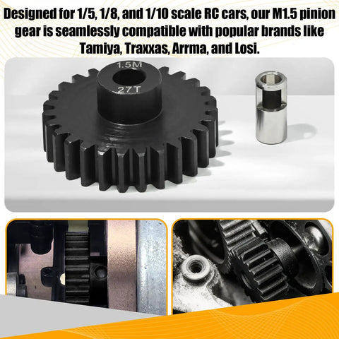 Large Scale RC Pinion Gear Kit M1.5 27T 8mm Bore With 8mm To 5mm Shaft Adapter Sleeve Chromium Steel Motor Gear displayed