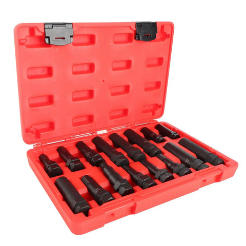 Heavy Duty Locking Lug Nut Master Set And Wheel Lock Key Extraction Tool Kit For Daily Drivers with 16 steel sockets in red case.