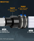 Solid Build 6 To 4 Inch Dust Collection Hose Reducer Adapter featuring slip on flex collar and heavy gauge steel clamps with hose setup.