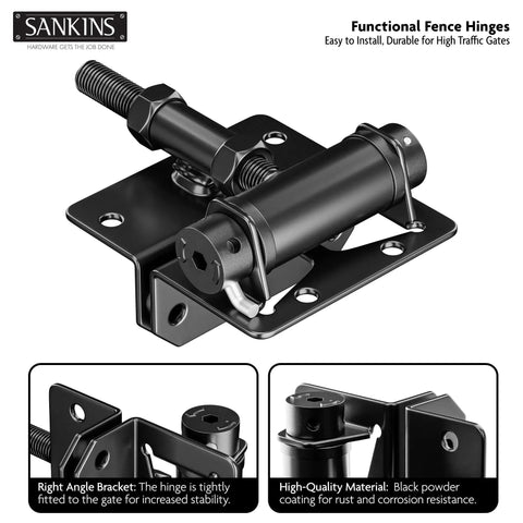 Heavy-Duty Self-Closing Gate Hinges, 90-Degree Adjustable Narrow Gate Hardware For Metal, PVC, Vinyl, And Wood Fences, Corrosion-Resistant Steel With Adjustable Tension, 2-Pack black coated hinge shown with right-angle bracket