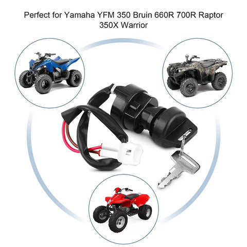 2 Pin Universal Motorcycle Ignition Starter Switch For ATVs And Dirt Bikes with keys and wire harness, YFM compatible models shown