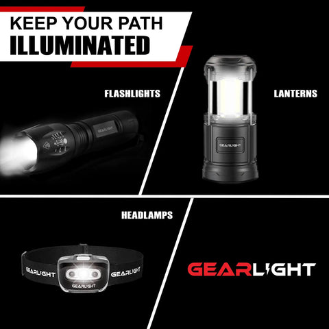 Ultra Bright LED Flashlight Kit S1050 Two Pack With Adjustable Zoom And 3 Modes alongside lantern and headlamp.