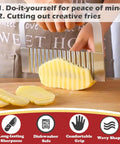 JAYVAR extra-large stainless steel crinkle cutter with handle slicing a potato into waffle-cut fries on a wooden board