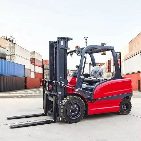 Heavy Gauge Mini Electric Forklift 2500 Lb Pallet Stacker built tough as nails in a warehouse with cargo containers.
