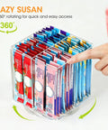 No Sweat Spin Lazy Susan Drink Packet Organizer Square Four Compartment Pantry Turntable showcasing 360 degree rotation for easy access.