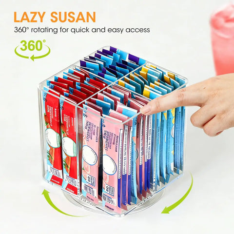 No Sweat Spin Lazy Susan Drink Packet Organizer Square Four Compartment Pantry Turntable showcasing 360 degree rotation for easy access.