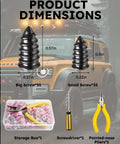 All In One Tire Repair Kit With Screw In Self Sealing Plugs Pro Grade Heavy Duty Tubeless Patch Tools For Cars Trucks And Motorcycles Includes Pliers And Screwdriver No Glue Needed Puncture Repair Essentials dimensions and components shown.