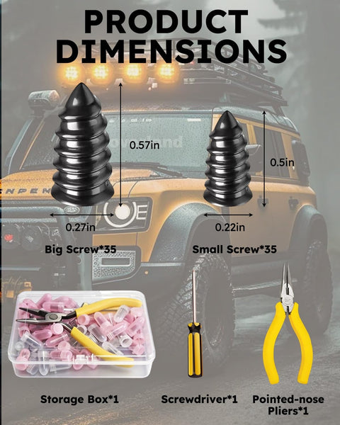 All In One Tire Repair Kit With Screw In Self Sealing Plugs Pro Grade Heavy Duty Tubeless Patch Tools For Cars Trucks And Motorcycles Includes Pliers And Screwdriver No Glue Needed Puncture Repair Essentials dimensions and components shown.