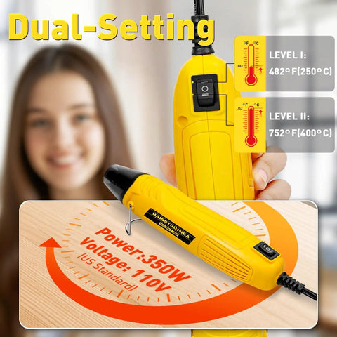 Mini Heat Gun 350W with Two Temperature Settings 482F/752F 250C/400C hot air tool with metal stand and nozzle guard - 110V corded