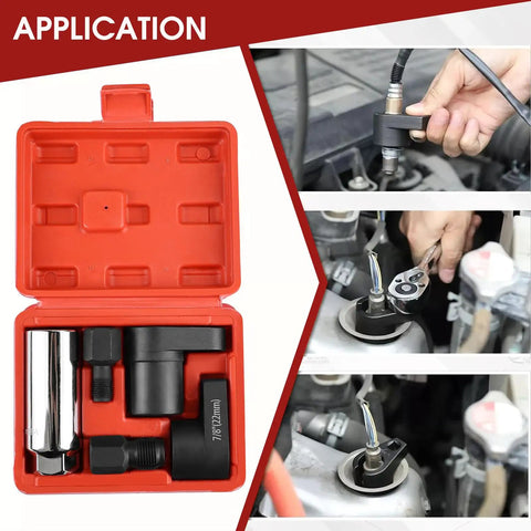 5-Piece Oxygen Sensor Socket Set With 7/8 Inch 22mm O2 Socket in red case, shown in use for sensor replacement.