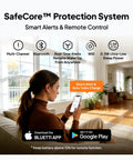 Woman using phone with SafeCore™ Protection System for alerts and remote control in a bright living room.