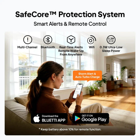 Woman using phone with SafeCore™ Protection System for alerts and remote control in a bright living room.