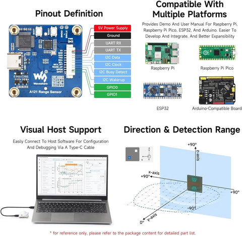 60GHz MmWave Radar Module For Micro Motion And Human Presence Detection, Pro Grade Pulsed Coherent Radar Tech, Ultra Precision Distance Measurements, Integrated Baseband And RF Front End, Antenna Included, Ideal Range Sensor Upgrade, A121 pinout and compatible boards