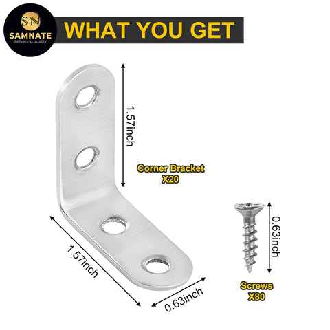 Heavy Duty Stainless Steel L Brackets 40x40x16mm Set Of 20 With Screws For Wood Shelves, Cabinets, Furniture Reinforcement Diagram