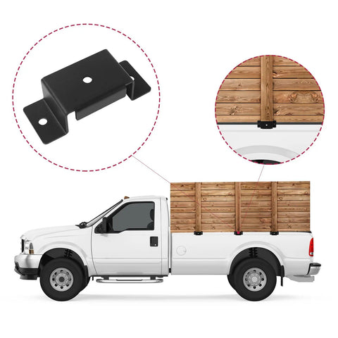 Rock Solid Trailer Stake Pocket Brackets 12 Pack Heavy Steel Inserts For Standard 2x4 Posts And Lumber installed on a truck bed.