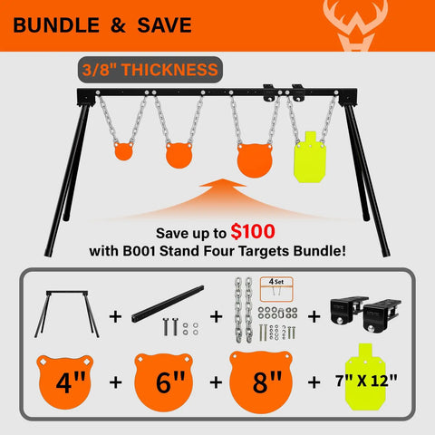 AR500 Steel Target System Complete Set With Stand And Gongs Includes 4 6 8 Inch Targets And 7x12 Inch Torso bundle displayed