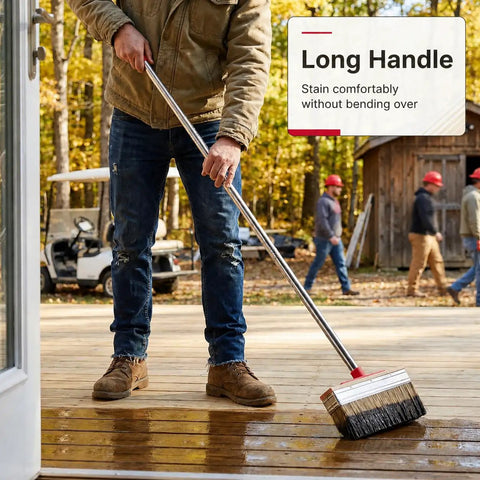 Man using 6 Inch Deck Stain Brush With 77 Inch Extendable Handle And 3 Inch Paint Brush Set For Wood Fence And Wall Durable Synthetic Bristles