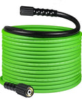 Coiled green upgraded 50 ft pressure washer hose capable of 3400 PSI, one quarter inch wear and kink resistant with heat protect sleeve