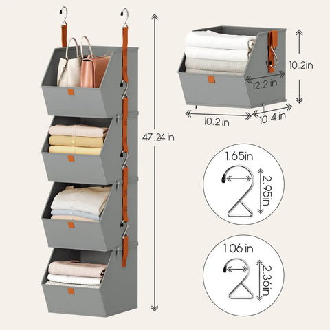 Hanging Closet Organizer 4 Tier With Detachable Fabric Bins And Collapsible Baskets, No Fuss Space Saving Closet System, Gray