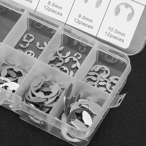 E Clip Washer Kit 120 Piece Stainless Steel M1.5 To M10 External Retaining Rings in box, 5 size compartments visible.