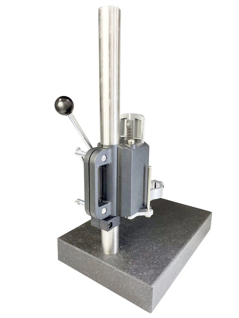 Portable Ultrasonic Hardness Tester With Sturdy Test Stand And Fine Probe 1kgf Load on strong mounting base with adjustable height.